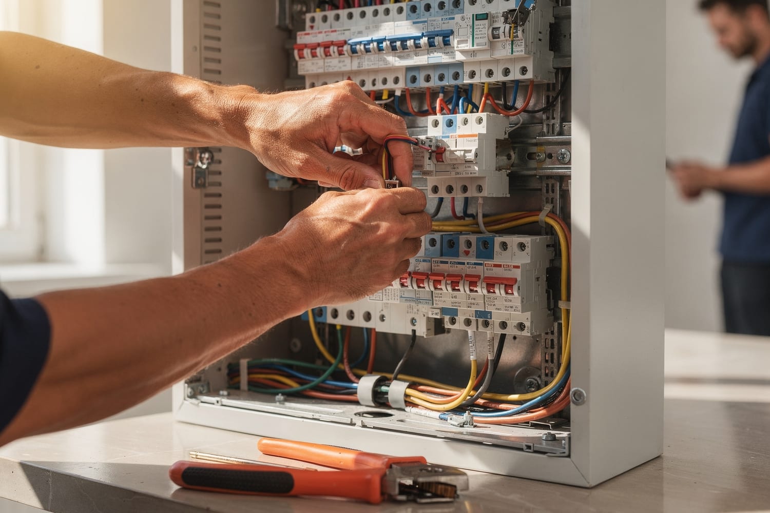 An electrician's hands connecting wiring inside a modern breaker panel